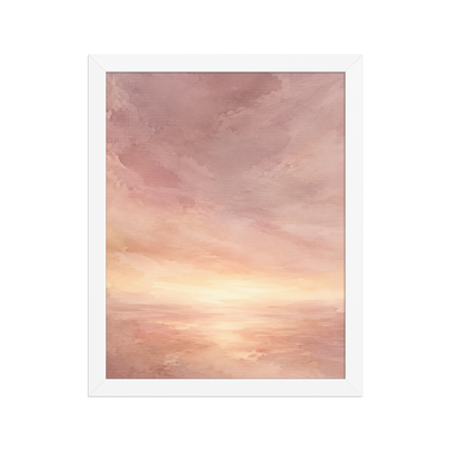 Framed sunrise poster with a glowing blush ocean horizon and soft watercolor textures in pink, peach, and warm neutral tones.