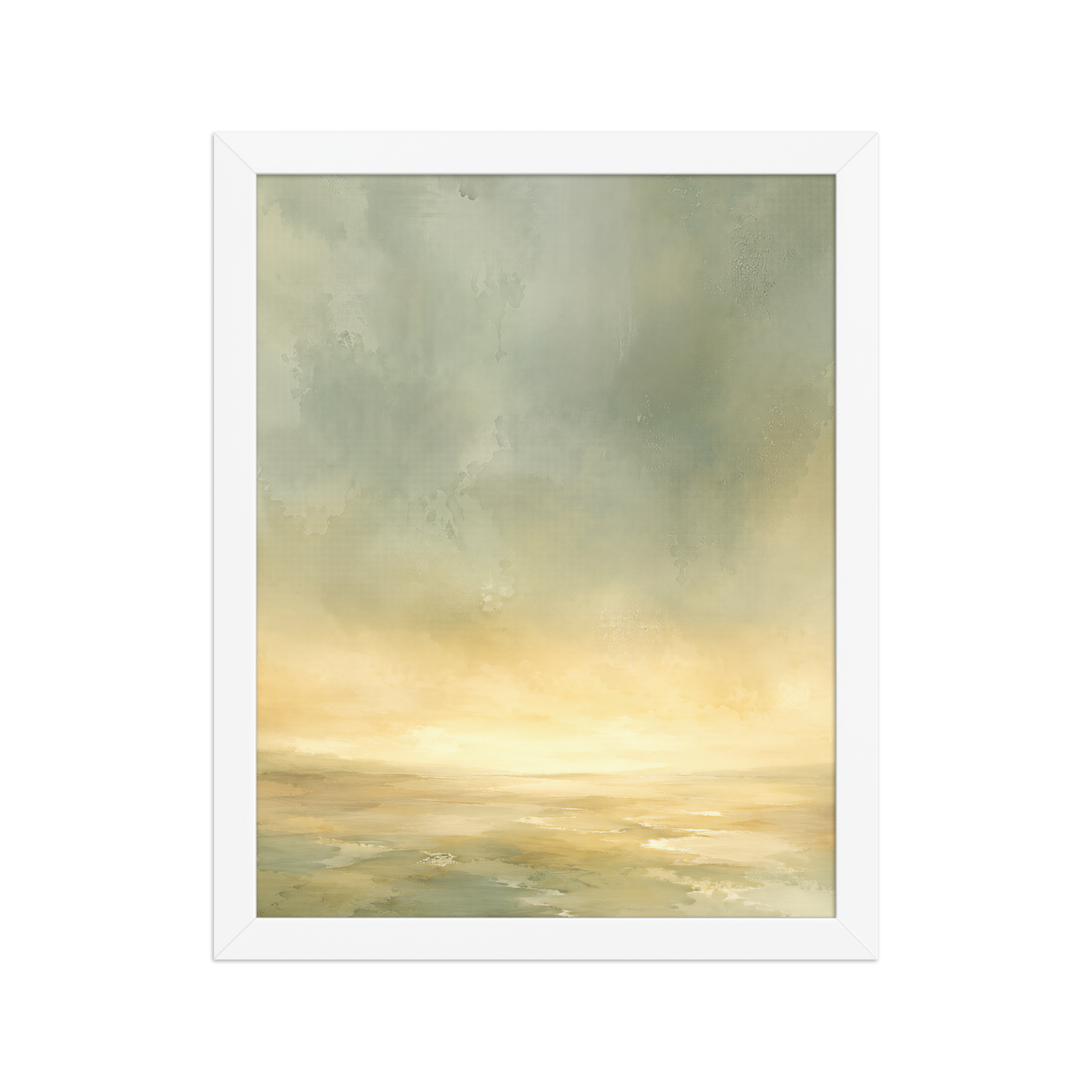 Framed sunrise poster featuring a glowing ocean horizon with soft sage green, warm gold, and watercolor textures.