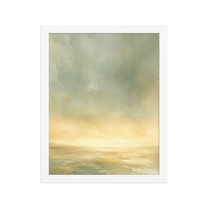Framed sunrise poster featuring a glowing ocean horizon with soft sage green, warm gold, and watercolor textures.