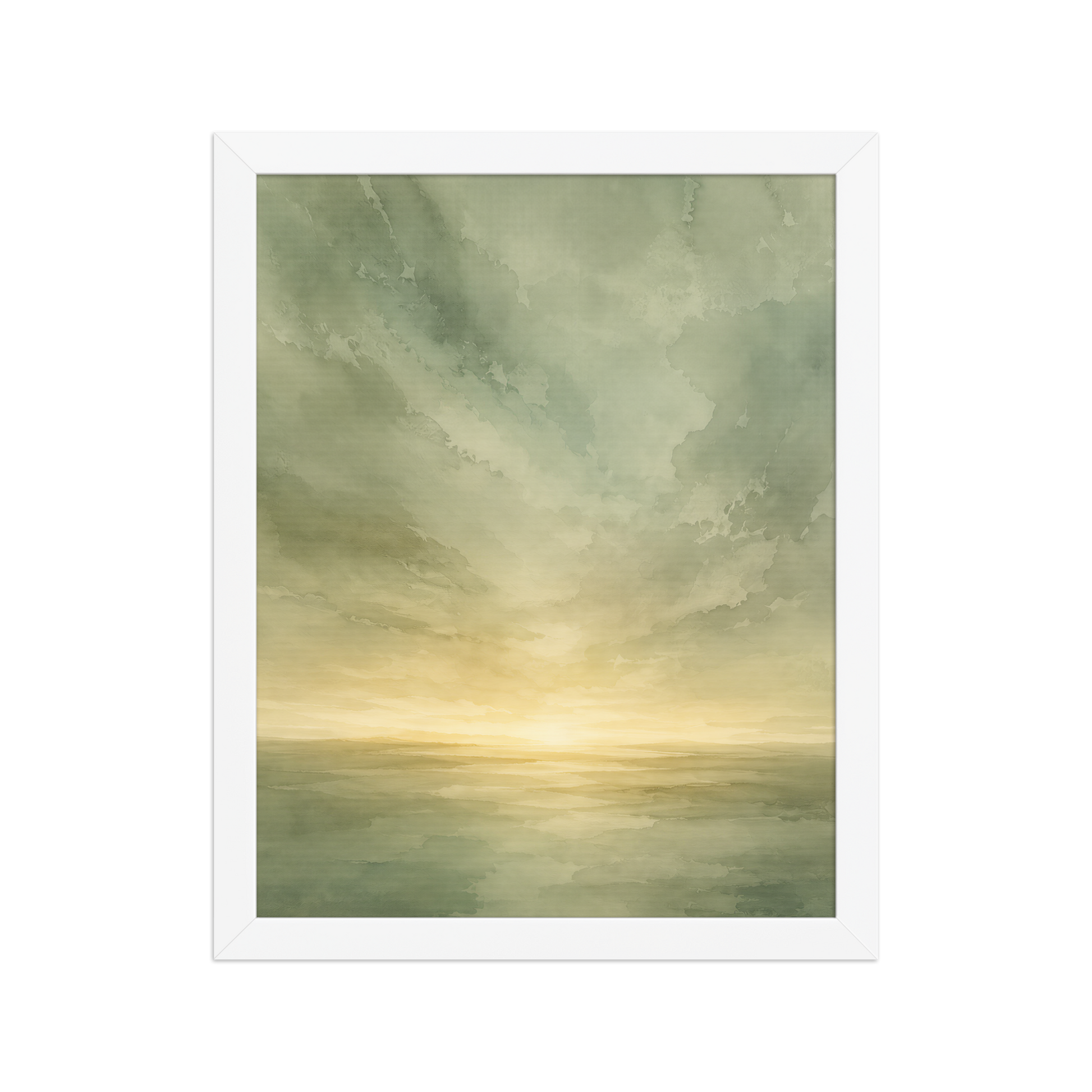 Framed sunrise poster featuring a glowing ocean horizon with soft sage green watercolor textures and warm golden light.