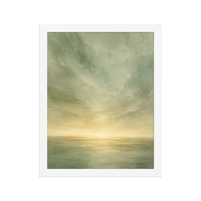 Framed sunrise poster featuring a glowing ocean horizon with soft sage green watercolor textures and warm golden light.