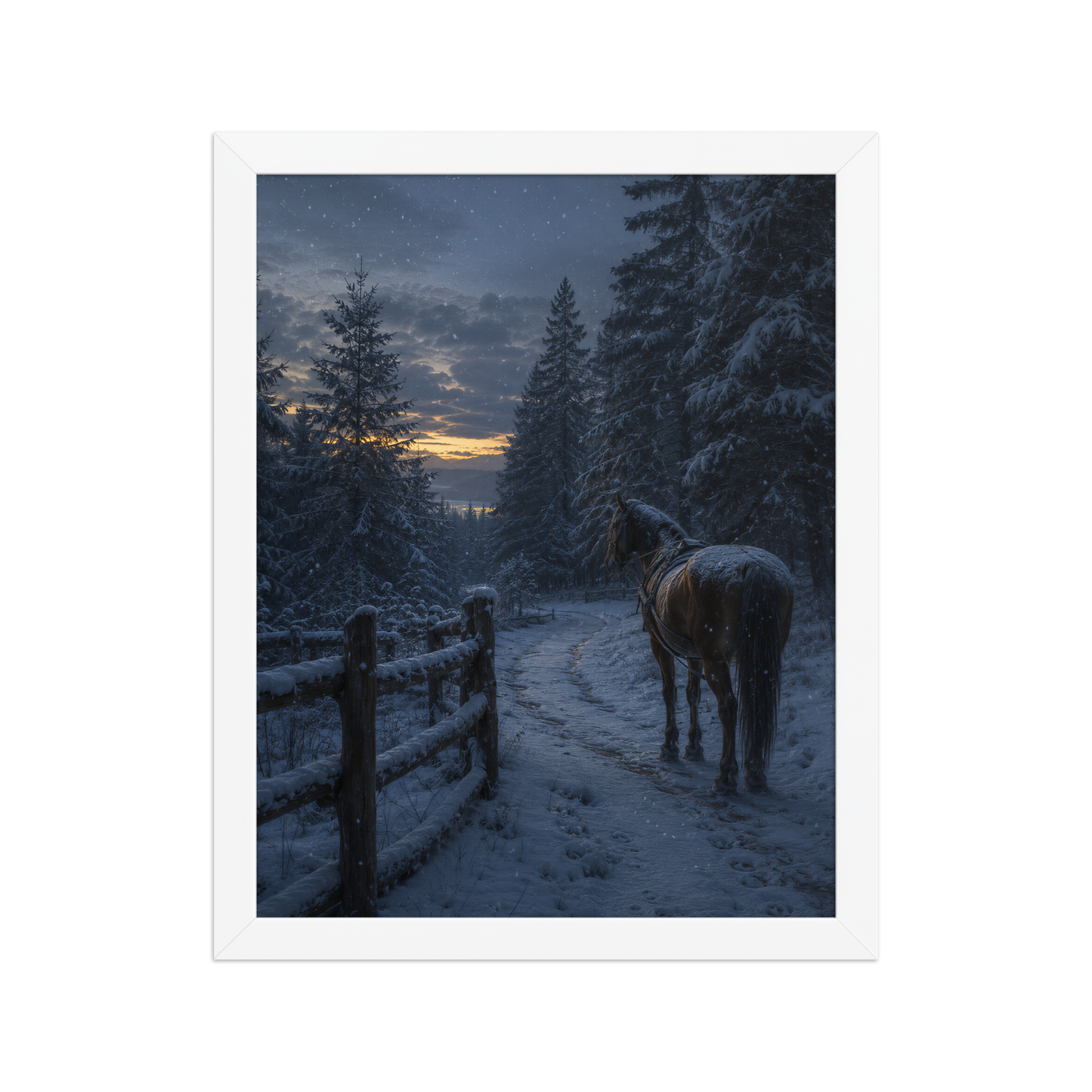 Framed winter forest poster featuring a lone horse on a snowy woodland path at twilight, inspired by Robert Frost's Miles to go, original Visual Poetry artwork.