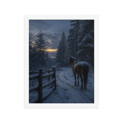 Framed winter forest poster featuring a lone horse on a snowy woodland path at twilight, inspired by Robert Frost's Miles to go, original Visual Poetry artwork.