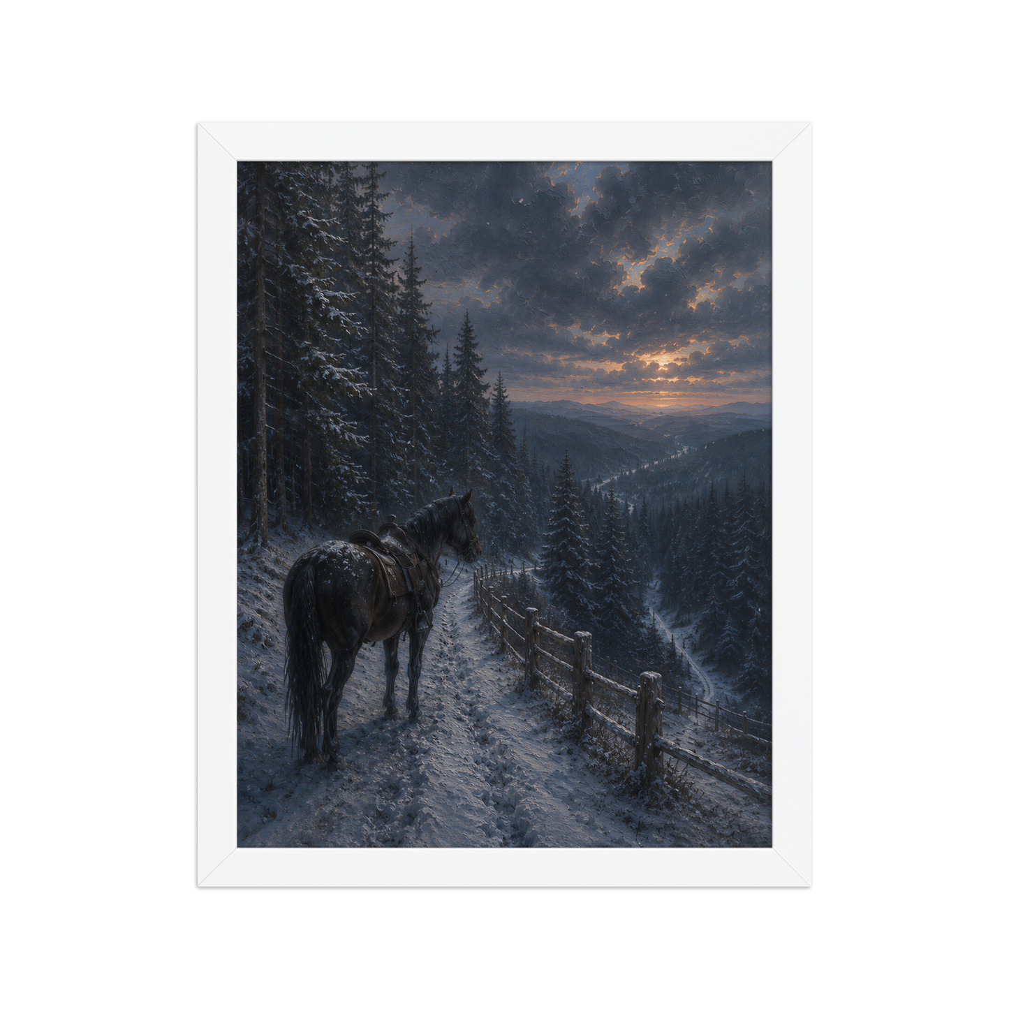 Framed mountain trail poster featuring a lone horse overlooking a snowy valley at winter sunset, inspired by Robert Frost's The Road Not Taken, original Visual Poetry artwork.