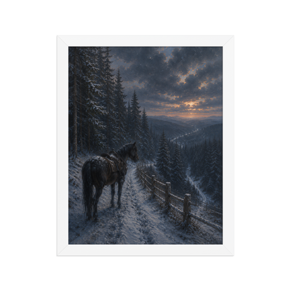 Framed mountain trail poster featuring a lone horse overlooking a snowy valley at winter sunset, inspired by Robert Frost's The Road Not Taken, original Visual Poetry artwork.