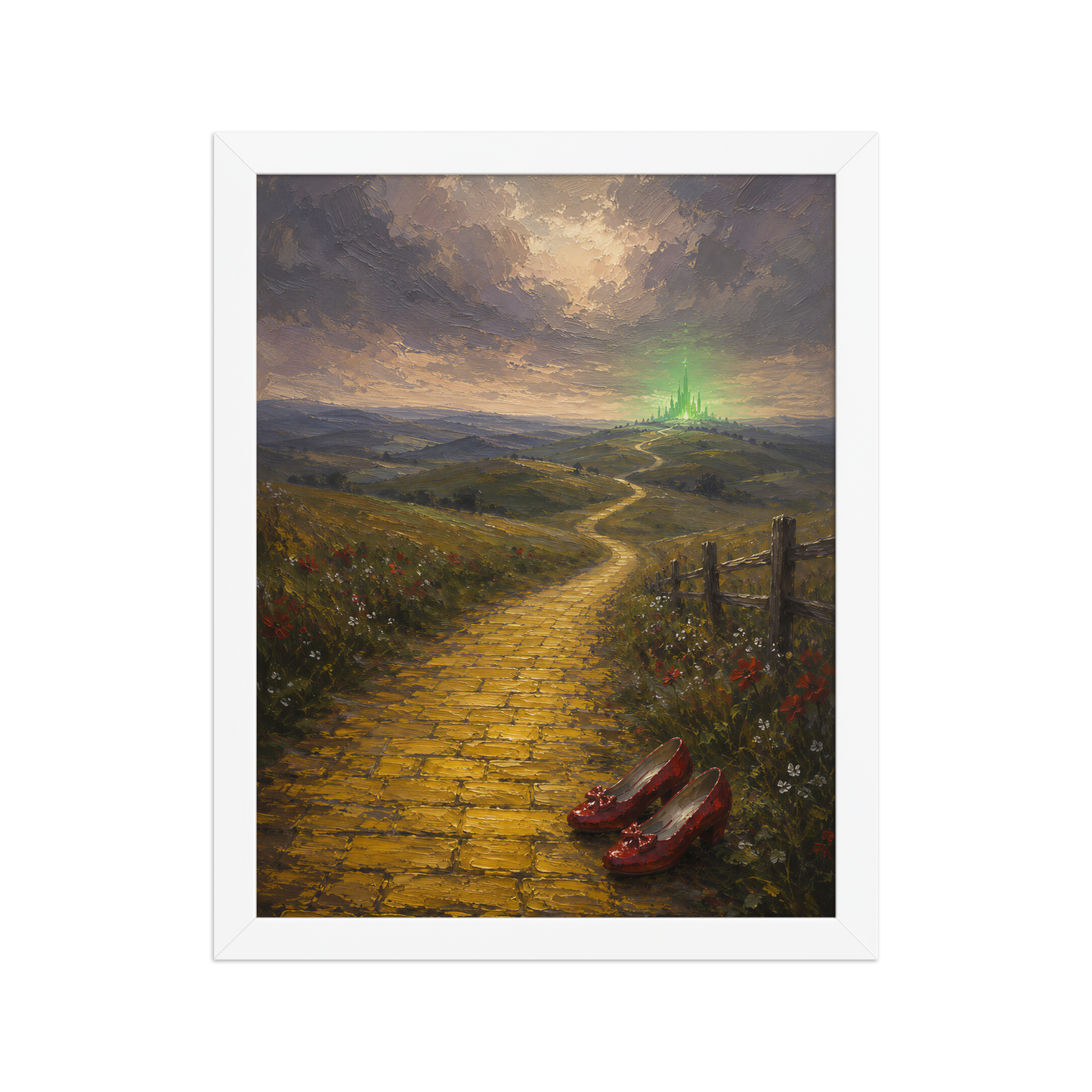 Framed Yellow Brick Road poster featuring ruby slippers beside a winding golden path leading toward a distant emerald city, inspired by There's No Place Like Home, original Visual Poetry artwork.