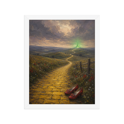 Framed Yellow Brick Road poster featuring ruby slippers beside a winding golden path leading toward a distant emerald city, inspired by There's No Place Like Home, original Visual Poetry artwork.