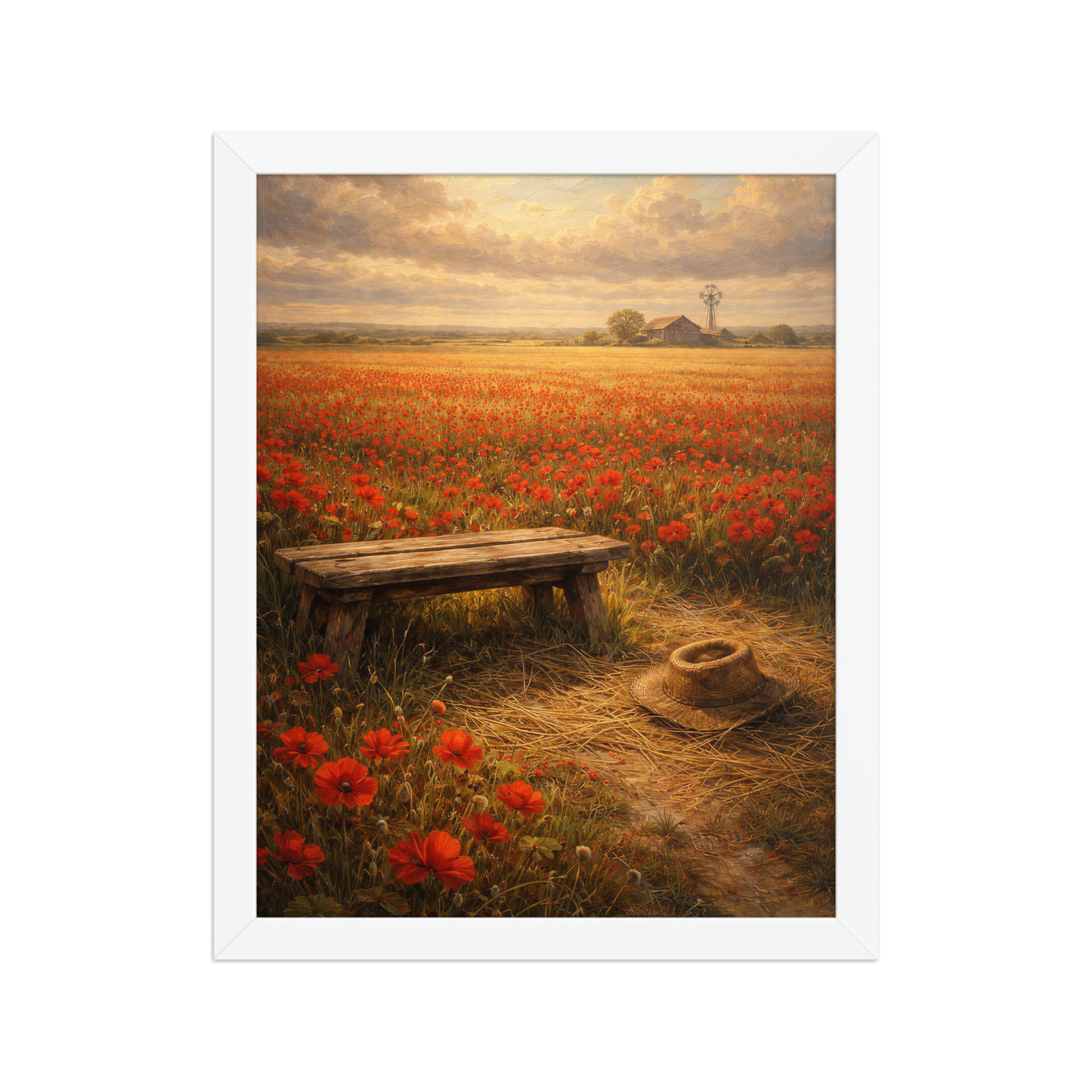 Framed Poppy Field poster featuring a rustic bench, straw hat, and a vast field of red poppies beneath a glowing countryside sky, inspired by The Deadly Poppy Field, original Visual Poetry artwork.