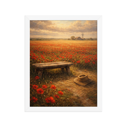 Framed Poppy Field poster featuring a rustic bench, straw hat, and a vast field of red poppies beneath a glowing countryside sky, inspired by The Deadly Poppy Field, original Visual Poetry artwork.