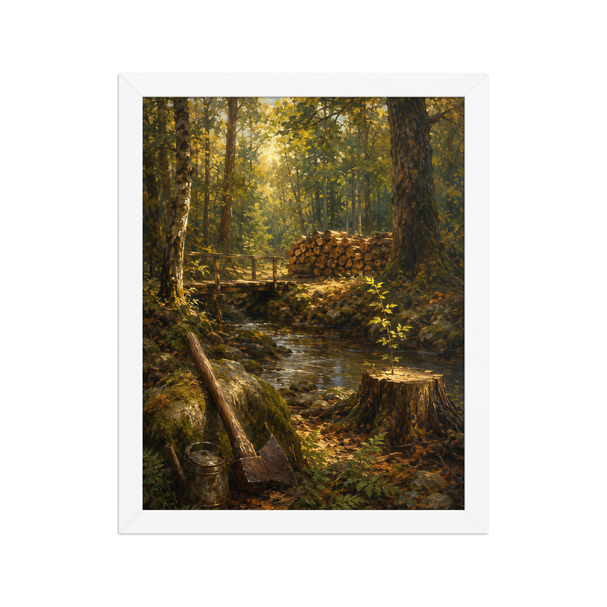 Framed Forest Clearing poster featuring a woodland stream, rustic bridge, axe, stacked firewood, and a young sapling growing from a tree stump, inspired by Follow the Yellow Brick Road, original Visual Poetry artwork.