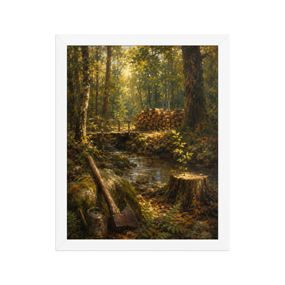 Framed Forest Clearing poster featuring a woodland stream, rustic bridge, axe, stacked firewood, and a young sapling growing from a tree stump, inspired by Follow the Yellow Brick Road, original Visual Poetry artwork.