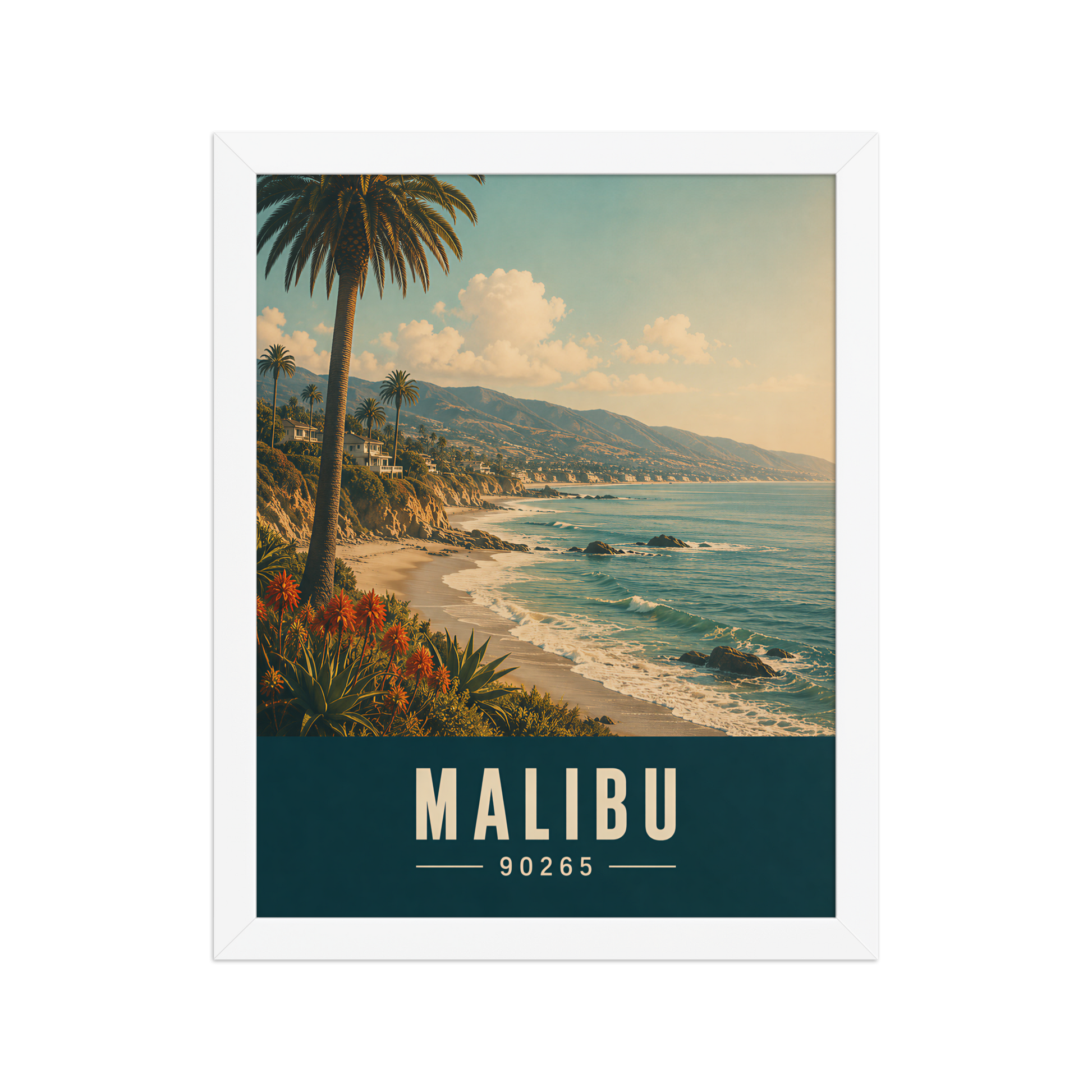 Framed Malibu California retro travel poster with 90265 zip code, coastal beach wall art