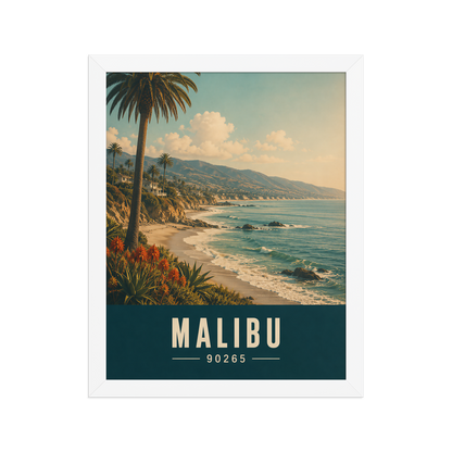 Framed Malibu California retro travel poster with 90265 zip code, coastal beach wall art
