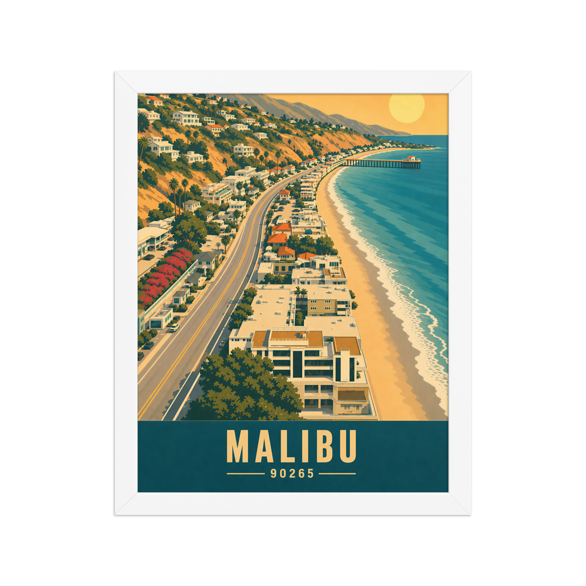 Framed aerial Malibu Pacific Coast Highway poster with 90265 zip code