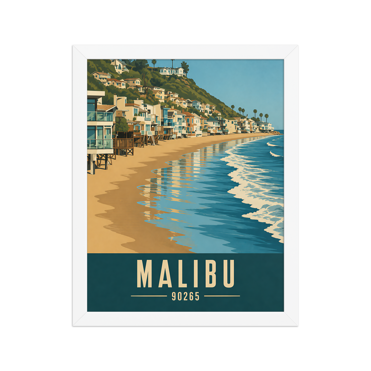 Framed Malibu beach house coastal poster with 90265 zip code