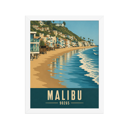 Framed Malibu beach house coastal poster with 90265 zip code