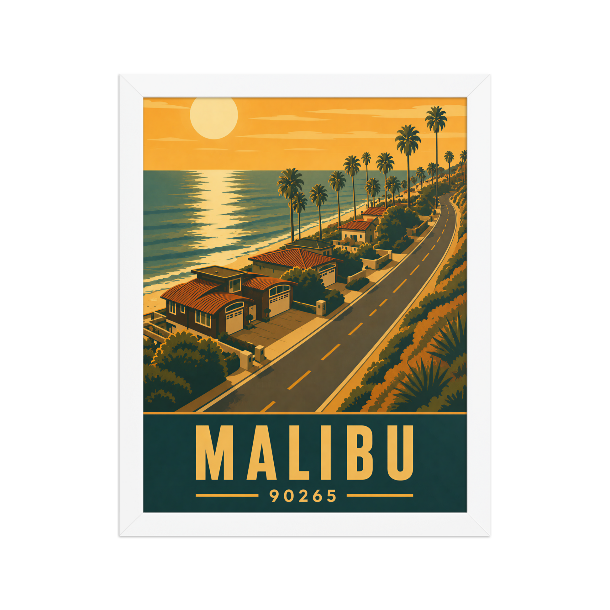 Framed Malibu palm-lined sunset coastal road poster with 90265 zip code