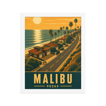 Framed Malibu palm-lined sunset coastal road poster with 90265 zip code