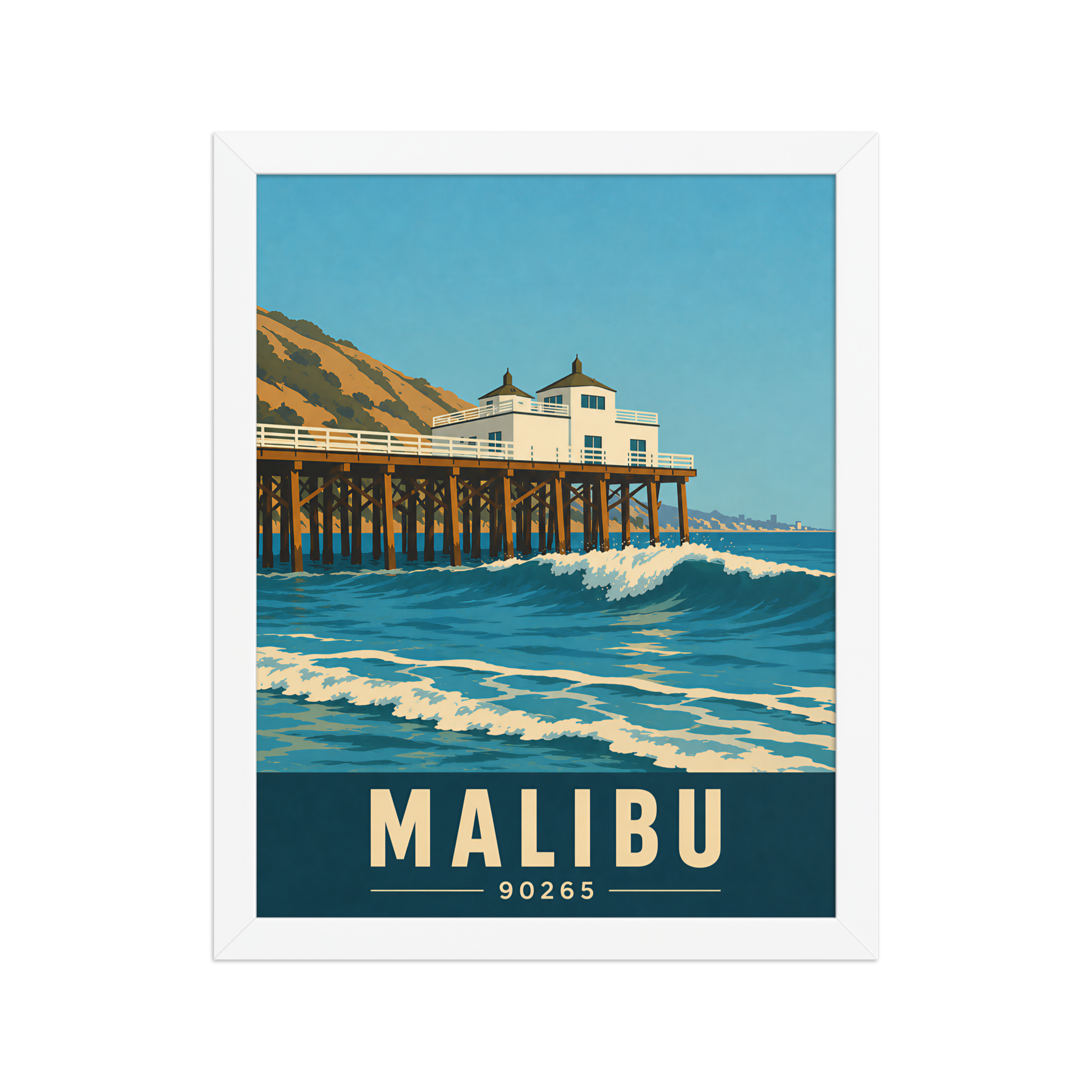 Framed Malibu oceanfront pier and waves poster with 90265 zip code