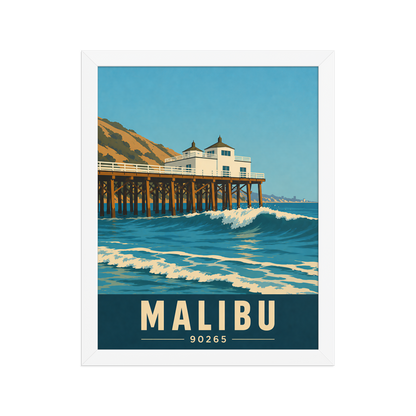 Framed Malibu oceanfront pier and waves poster with 90265 zip code
