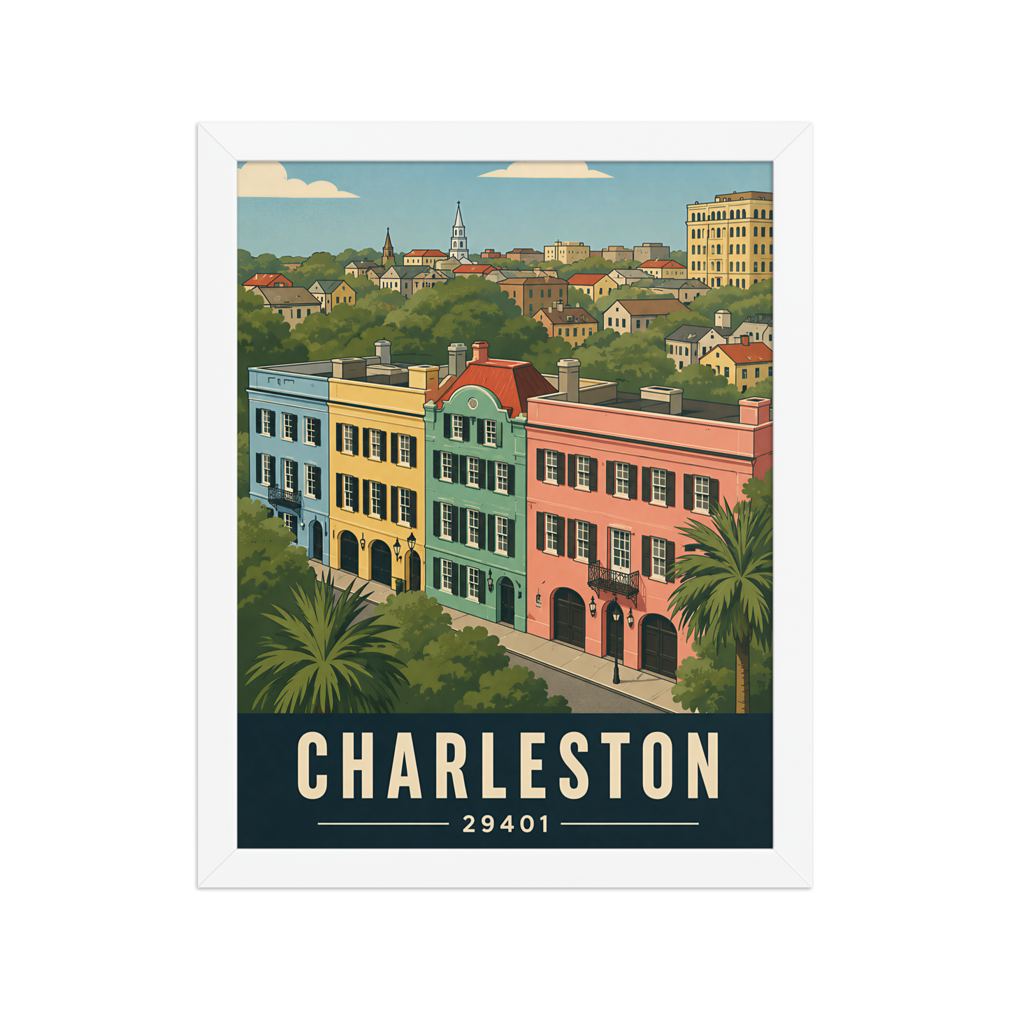 Framed Rainbow Row Charleston historic homes poster with 29401 zip code