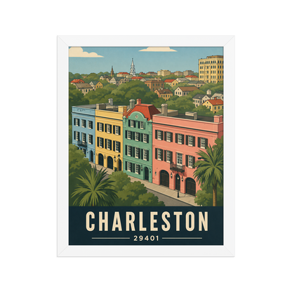 Framed Rainbow Row Charleston historic homes poster with 29401 zip code