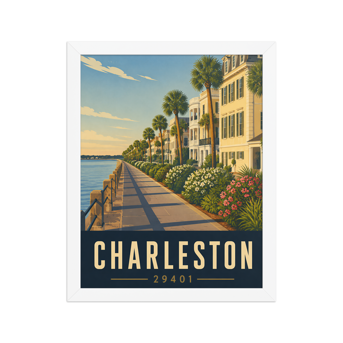 Framed Charleston The Battery waterfront poster with 29401 zip code