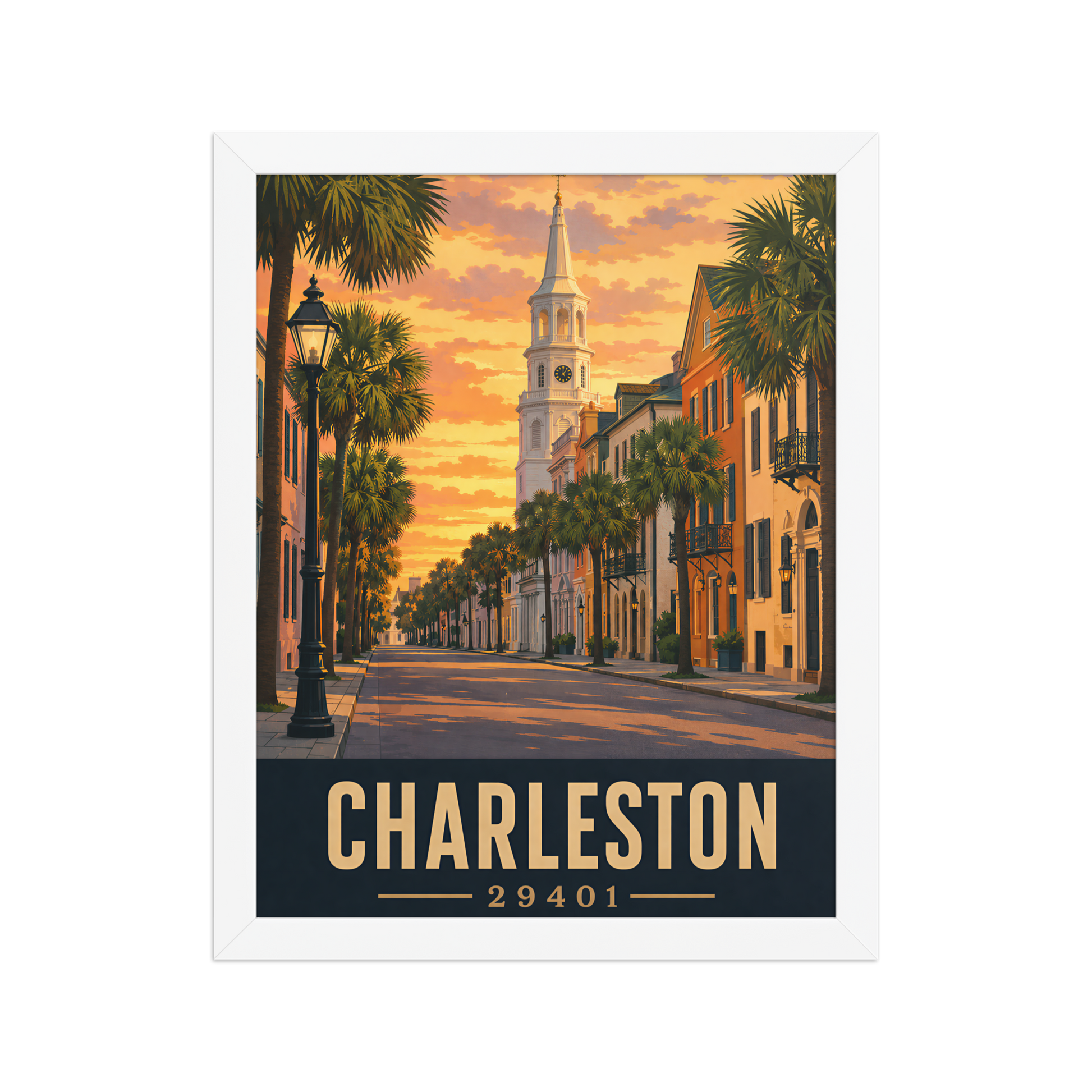 Framed Charleston church steeple sunset poster with 29401 zip code