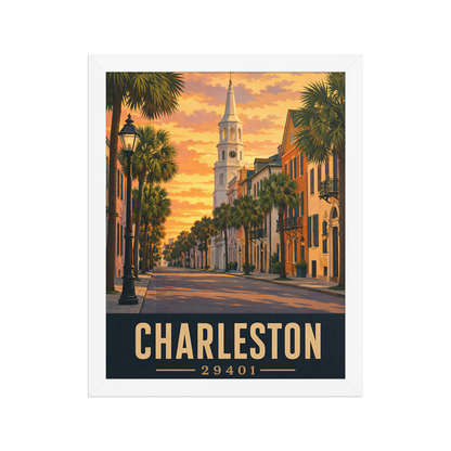 Framed Charleston church steeple sunset poster with 29401 zip code