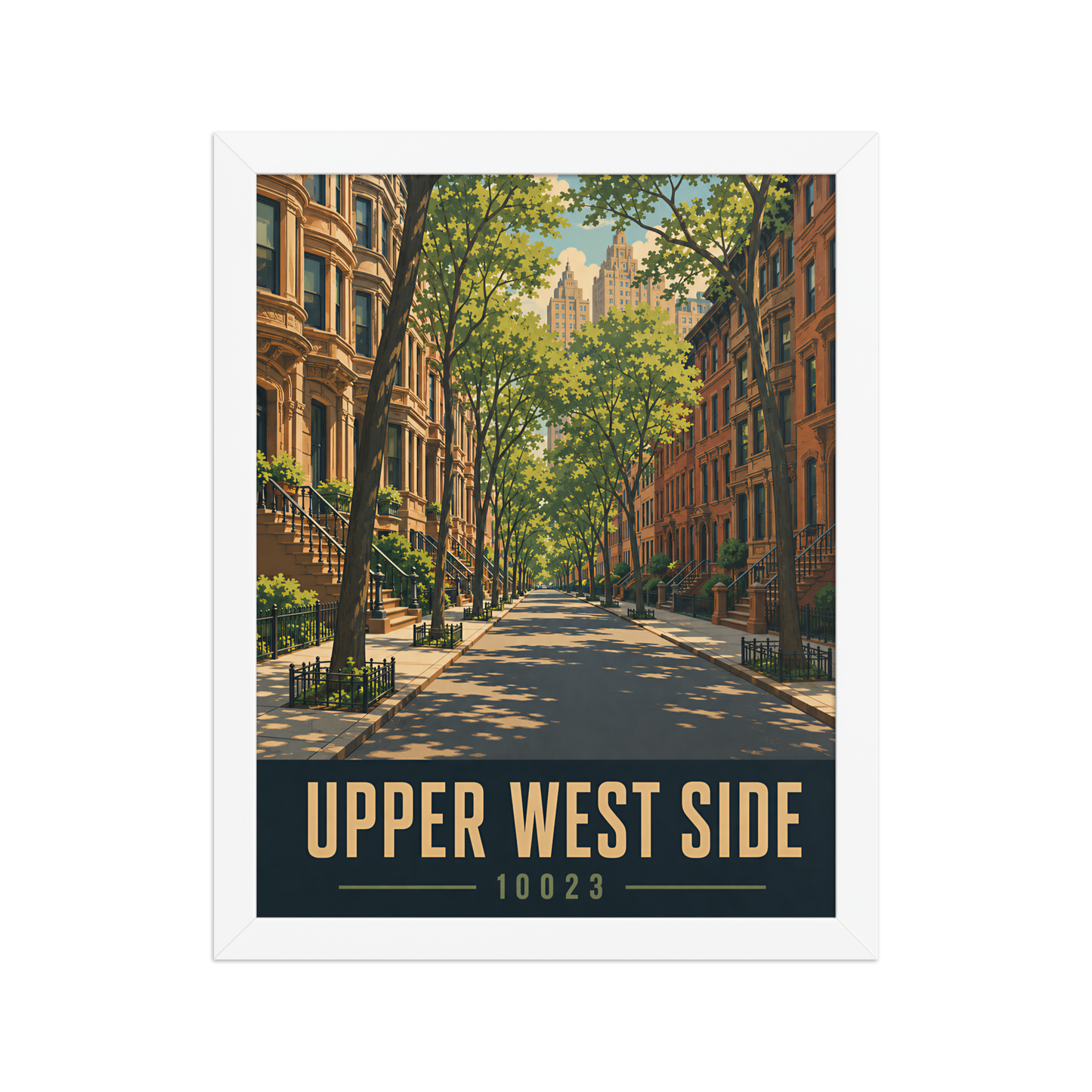 Framed Upper West Side brownstone street poster with 10023 zip code