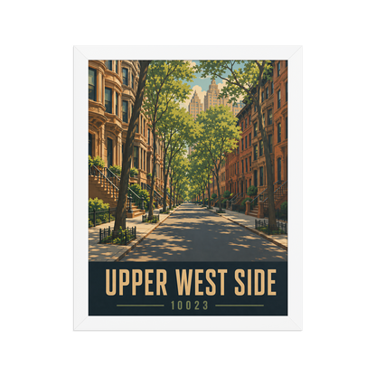Framed Upper West Side brownstone street poster with 10023 zip code