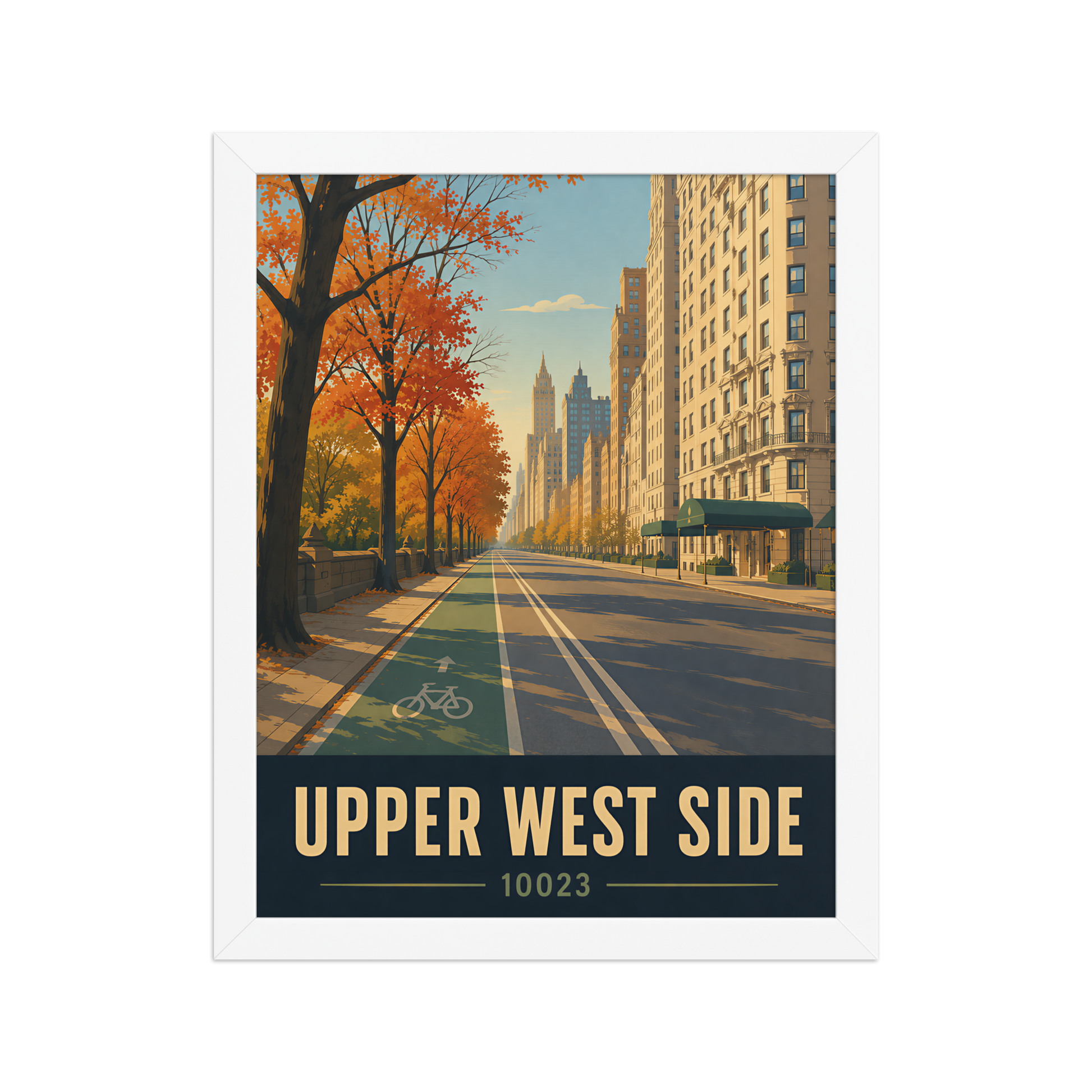 Framed Central Park West autumn poster with 10023 zip code