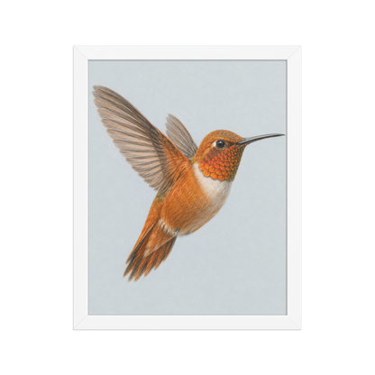 Framed Rufous hummingbird colored pencil illustration print on dusty blue pastel background, wood frame wall art