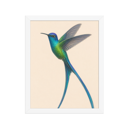 Framed Long-tailed Sylph hummingbird colored pencil illustration print, teal iridescent plumage on warm cream background, wood frame wall art