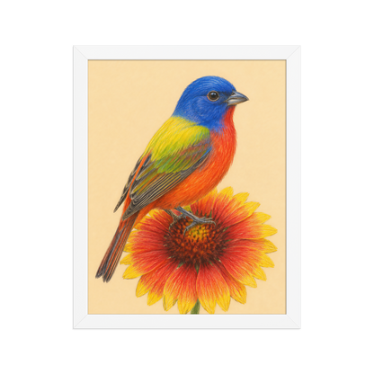 Framed Painted Bunting colored pencil illustration on Indian Blanket flower, wood frame wall art