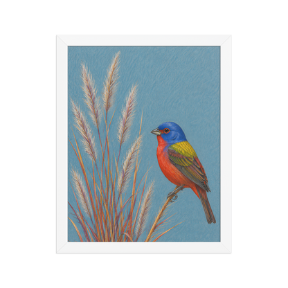Framed Painted Bunting colored pencil illustration in prairie grass, dusty blue background, wood frame wall art