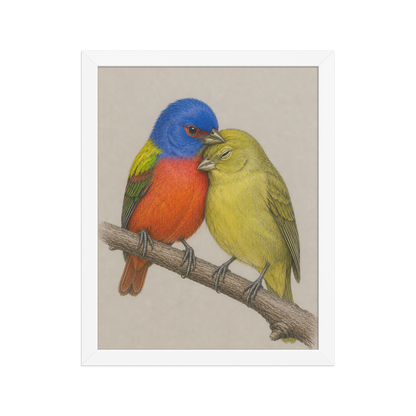 Framed male and female Painted Bunting pair colored pencil illustration, wood frame wall art