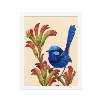 Framed Splendid Fairywren blue wren colored pencil illustration on Kangaroo Paw flowers, wood frame wall art
