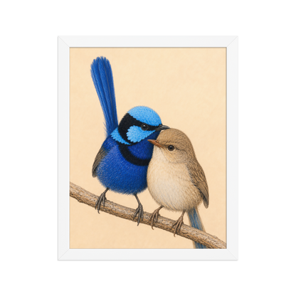 Framed male and female Splendid Fairywren blue wren pair colored pencil illustration, wood frame wall art