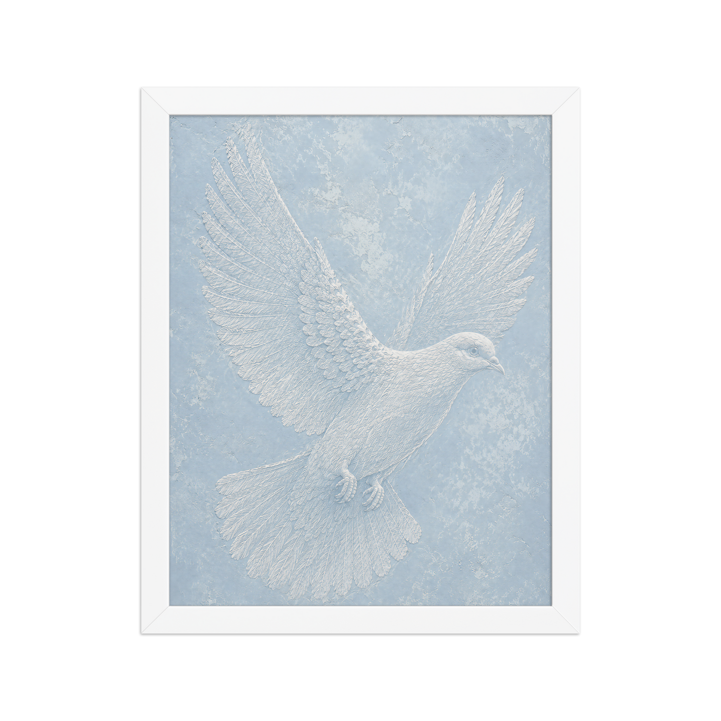 Framed peace dove print with embossed relief-look design on dusty blue textured background