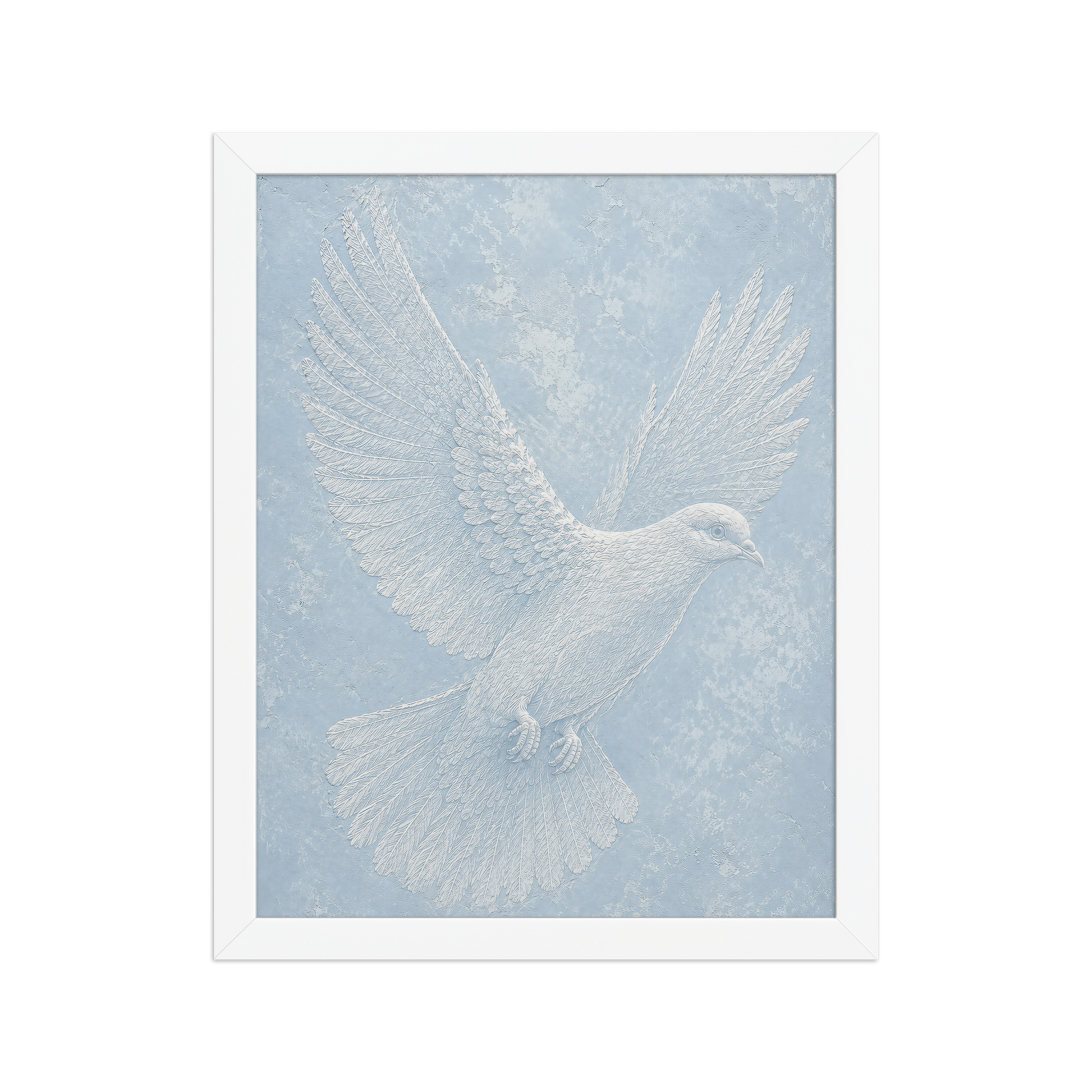 Framed peace dove print with embossed relief-look design on dusty blue textured background