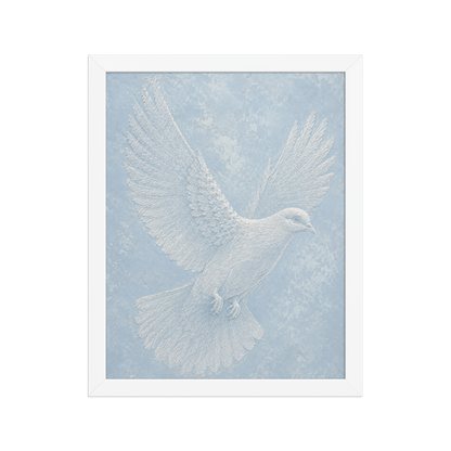 Framed peace dove print with embossed relief-look design on dusty blue textured background