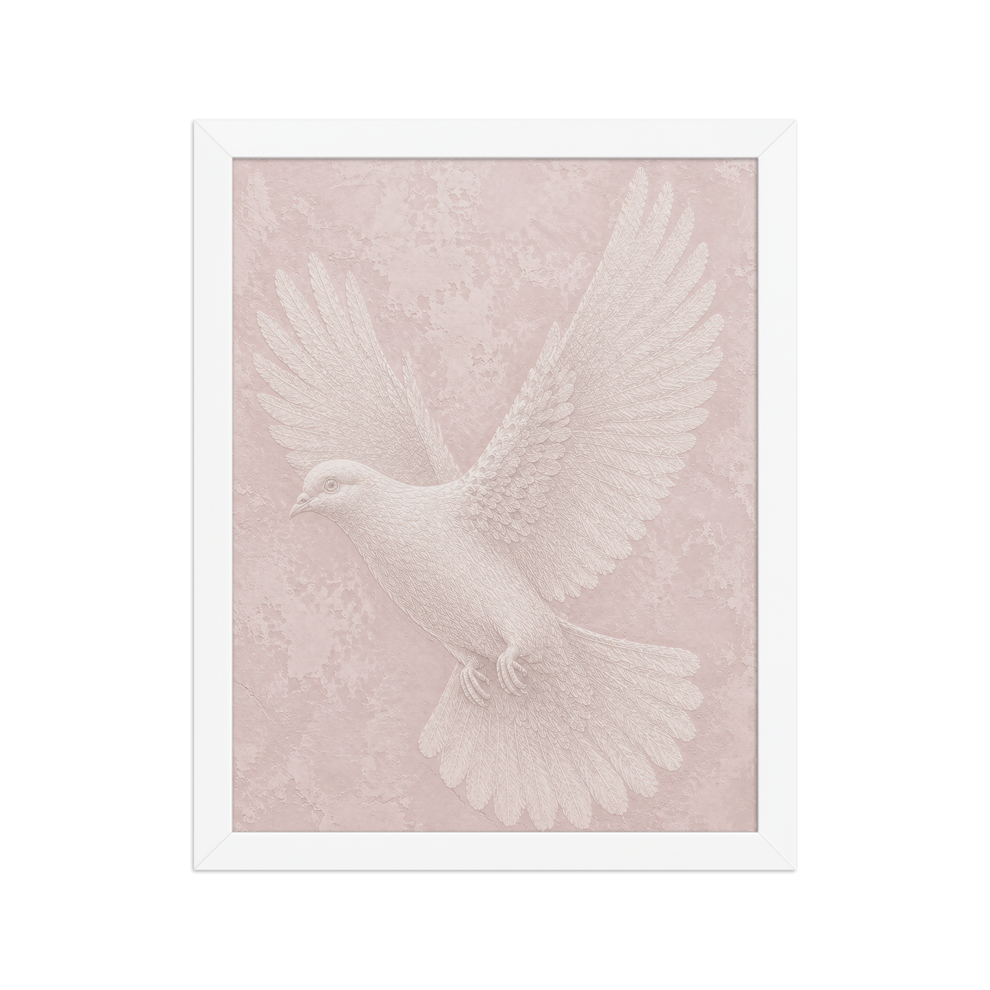 Framed peace dove print with embossed relief-look design on blush pink textured background
