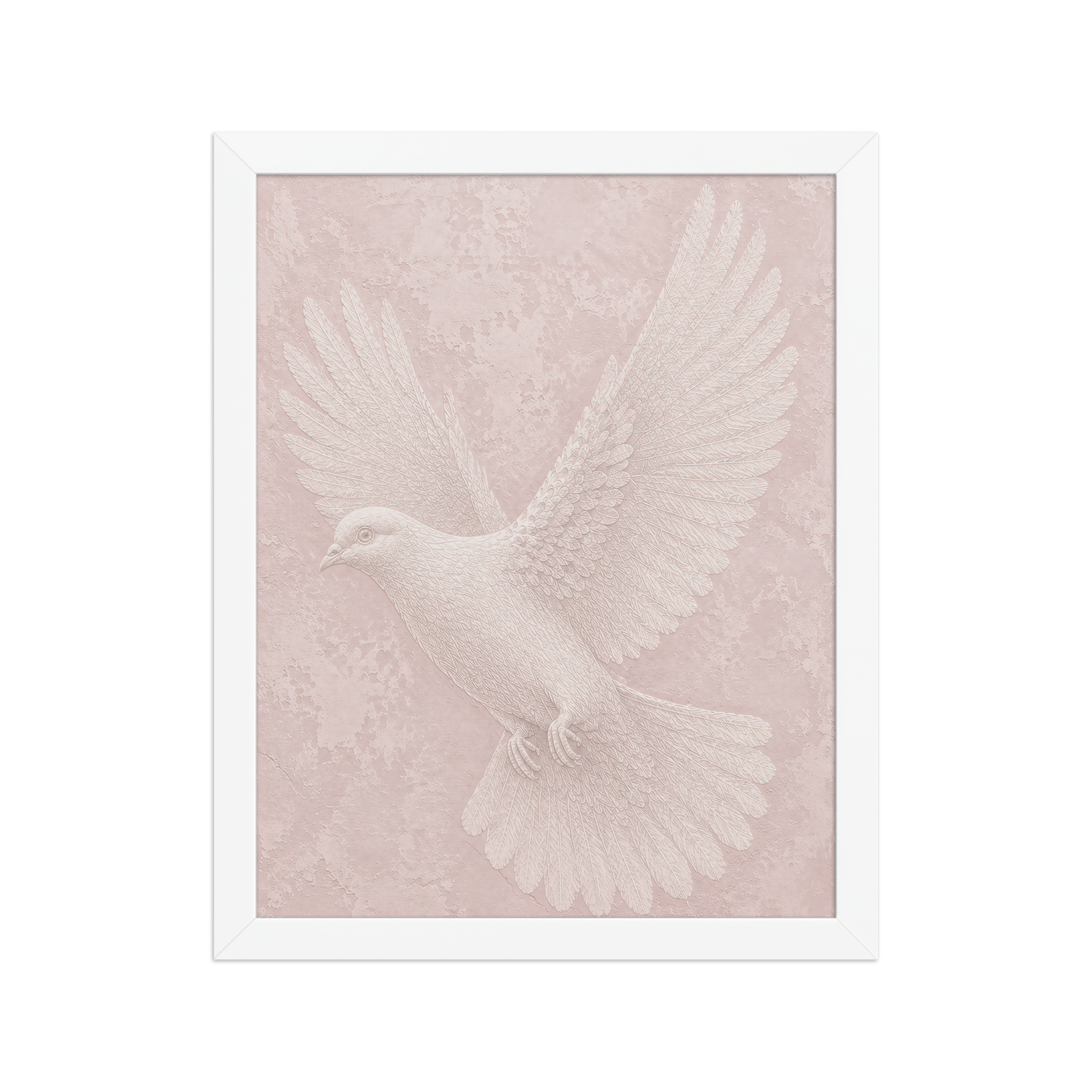 Framed peace dove print with embossed relief-look design on blush pink textured background