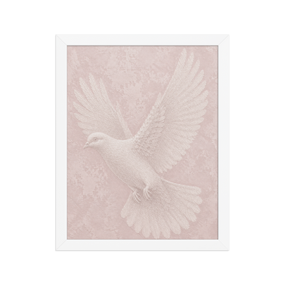 Framed peace dove print with embossed relief-look design on blush pink textured background
