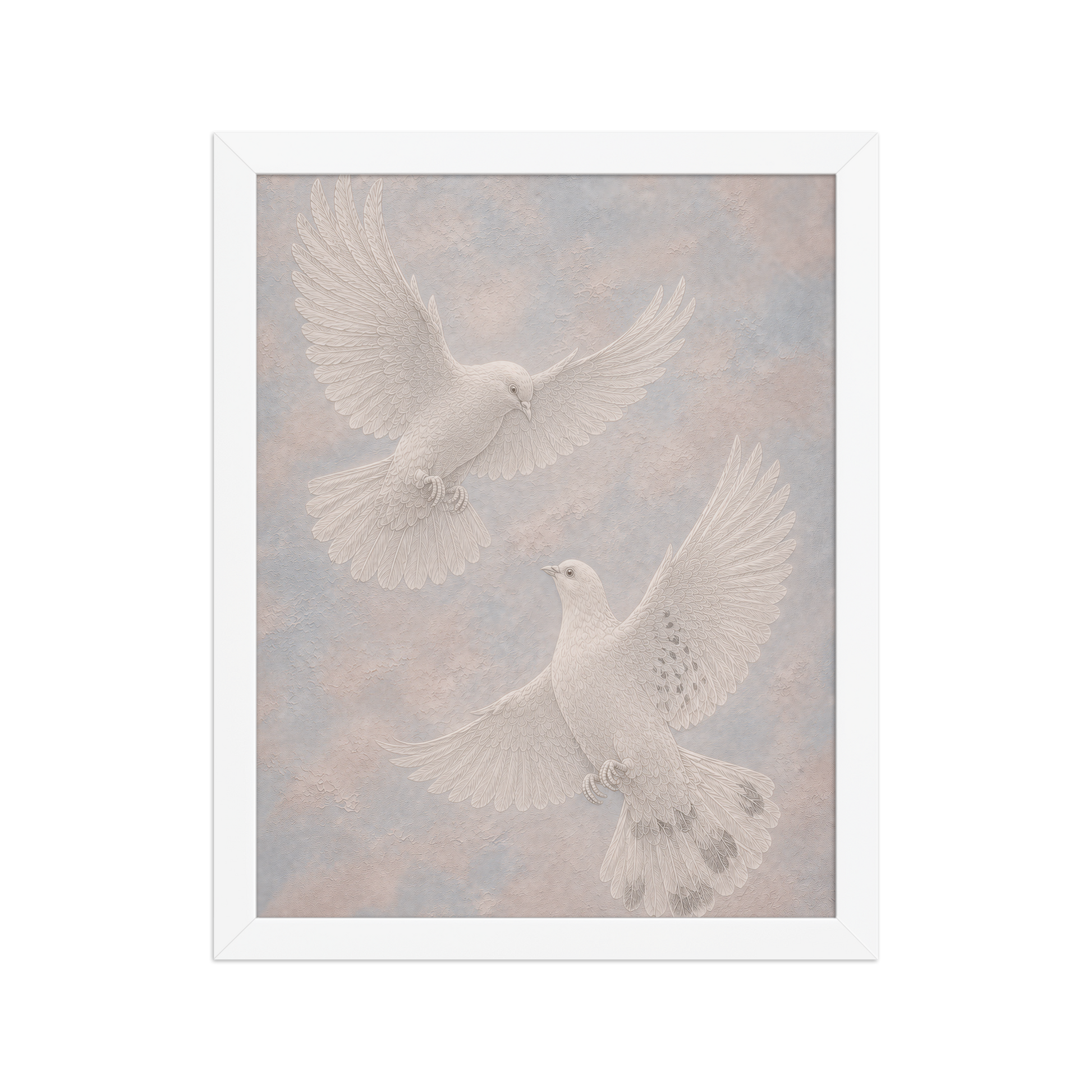 Framed two peace doves print with embossed relief-look design on dusty blue and blush textured background