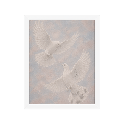 Framed two peace doves print with embossed relief-look design on dusty blue and blush textured background