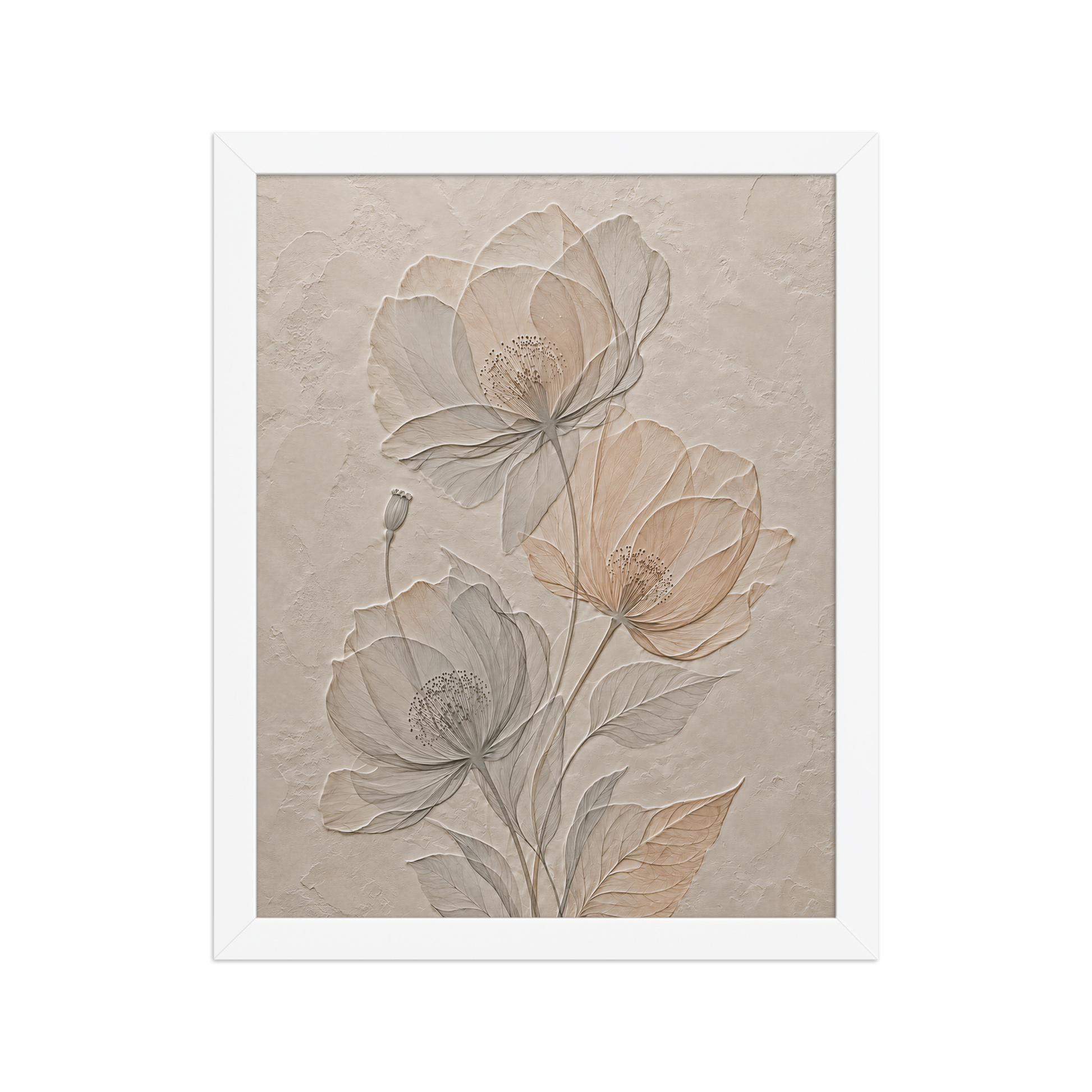 Framed wildflower bouquet print with embossed relief-look design on neutral beige textured background