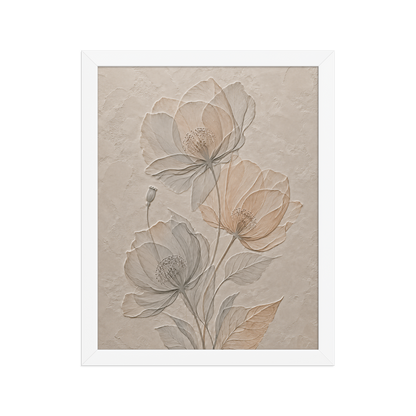 Framed wildflower bouquet print with embossed relief-look design on neutral beige textured background
