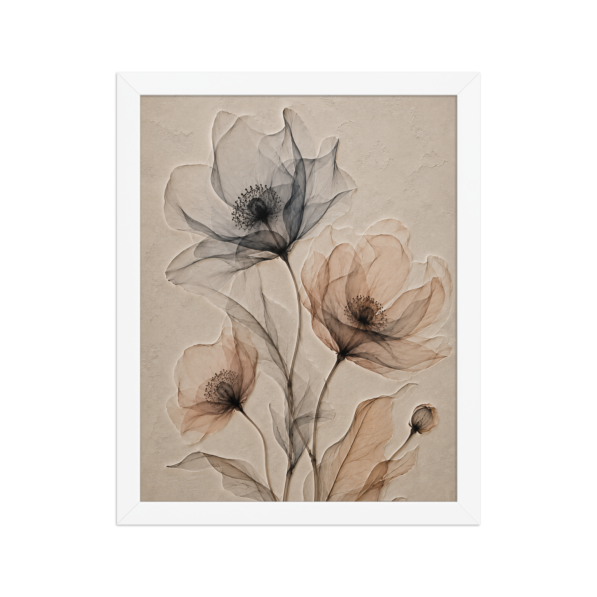 Framed wildflower trio print with embossed relief-look design in charcoal and clay tones on beige textured background